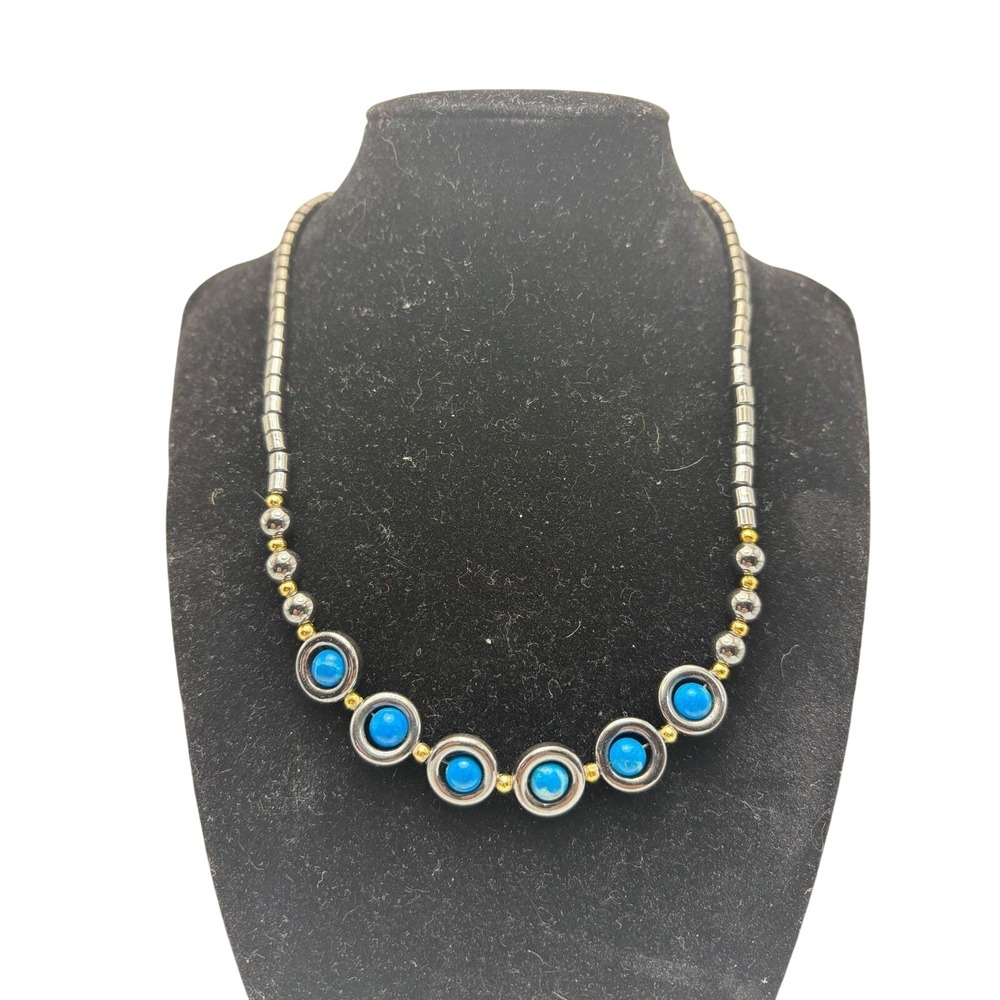 Hematite and Turquoise Blue Beaded Necklace Silver Gold Tone Screw Clasp 18 Inch